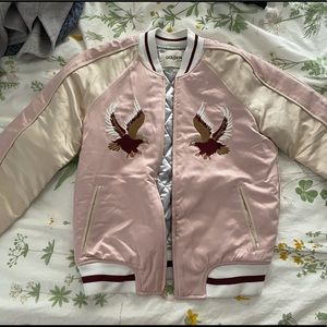 Aritzia Pink and Beige Gold Bomber Puffer Jacket with Eagle Print